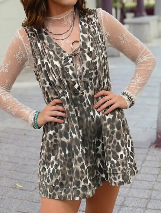 Leopard print v neck romper