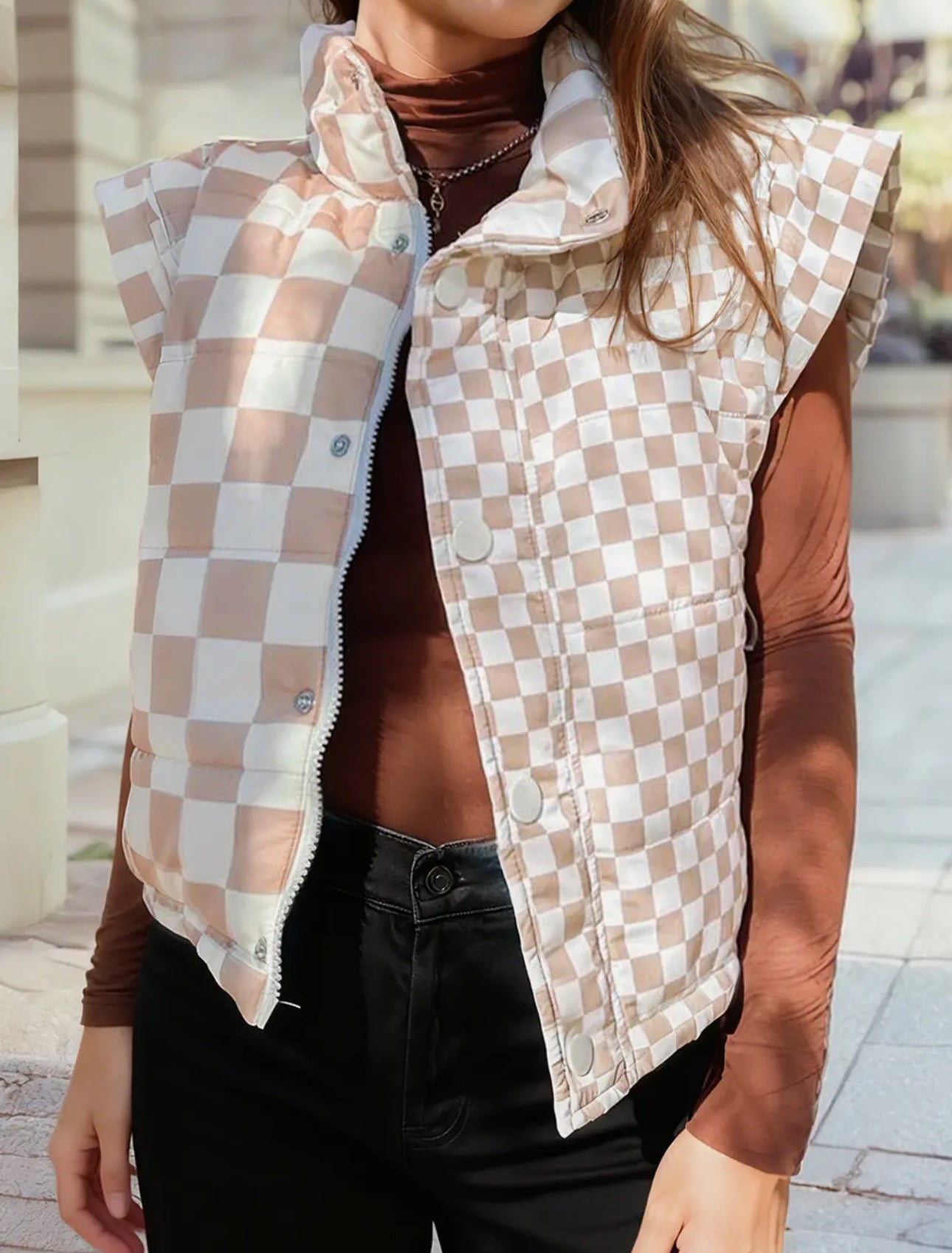 Contrast plaid quilted vest